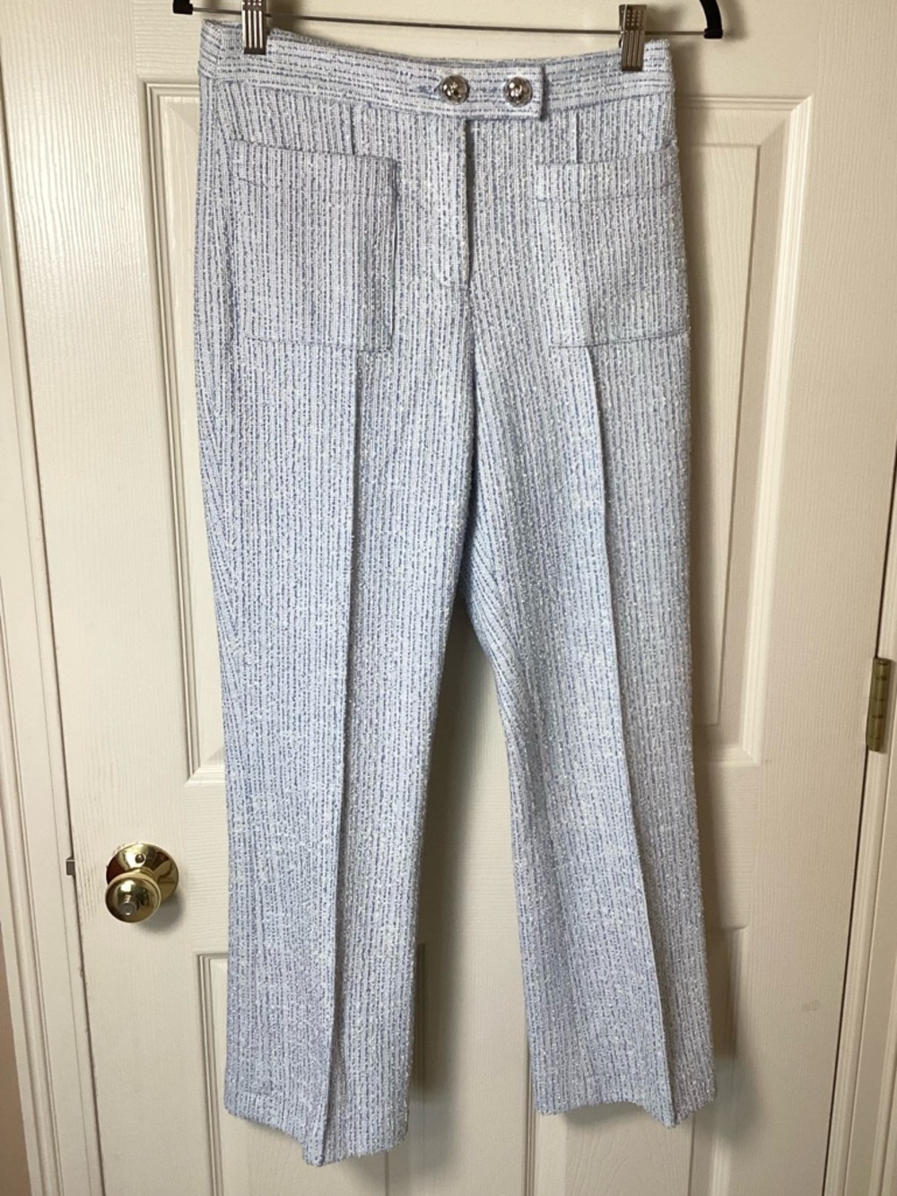 Zara Light Baby Blue & Silver Textured Wide-Leg Front Patch Pocket Pants - S